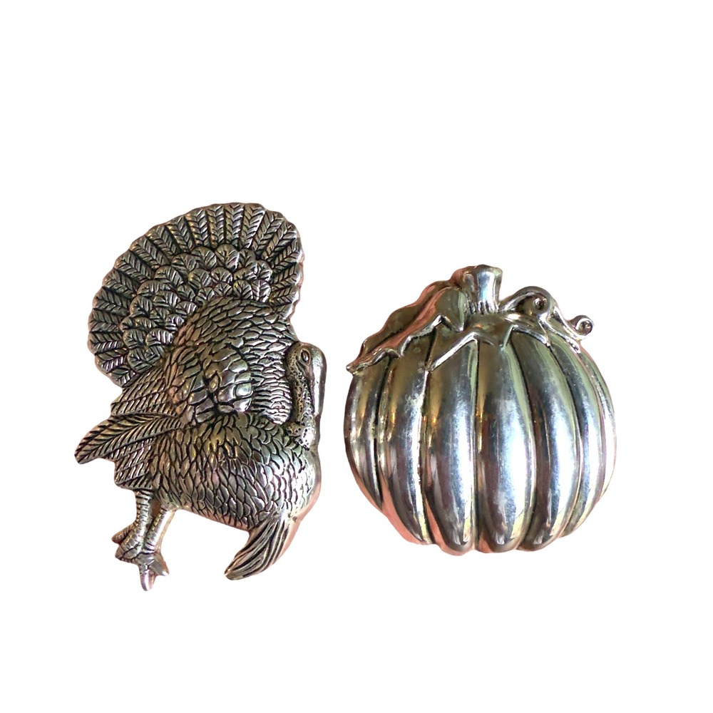Vtg Best Turkey Pumpkin Brooch Pin Lot Silvertone  Harvest‎ Thanksgiving Jewelry